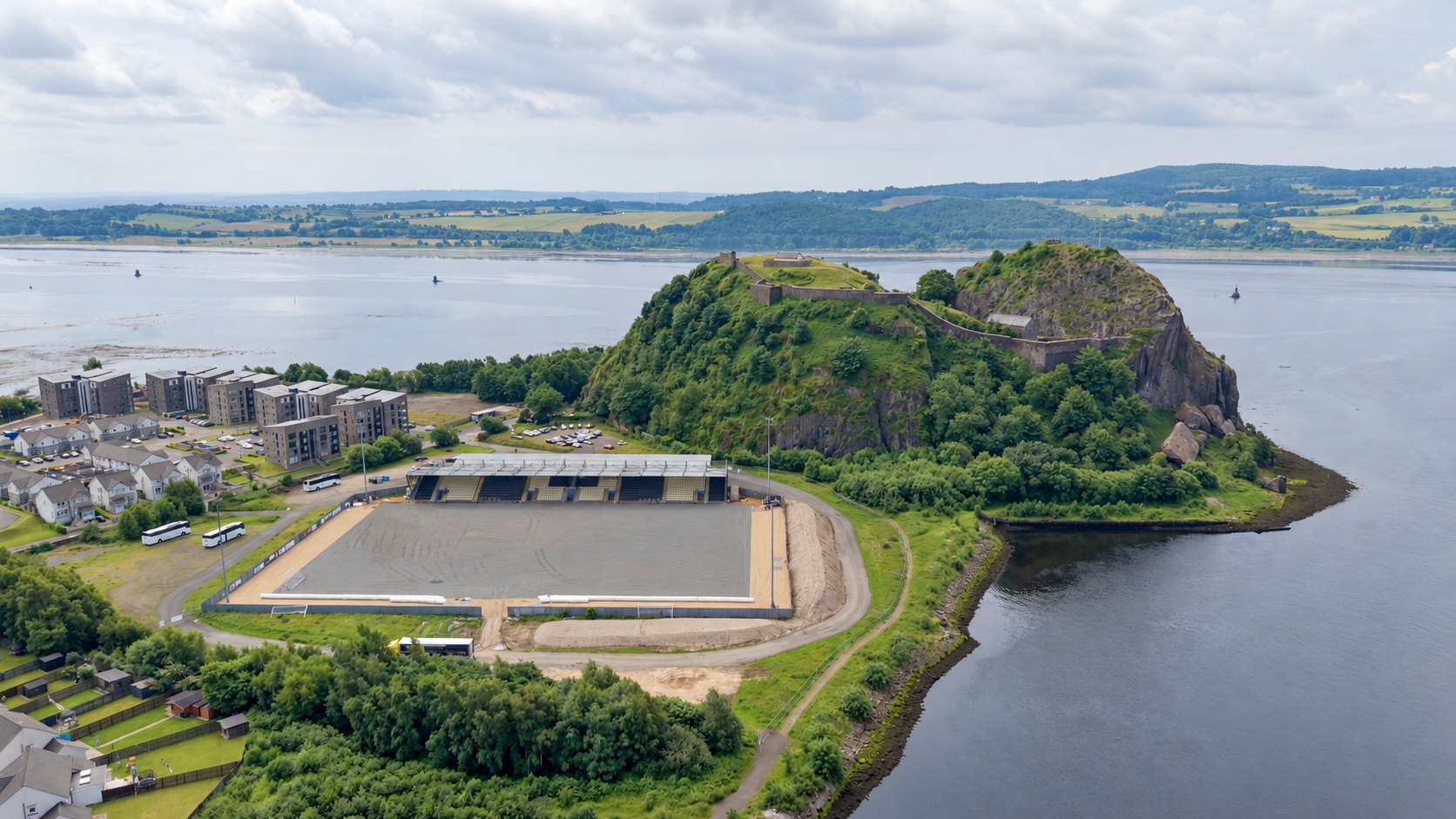 Dumbarton Football Club stadium beside Dumbarton Rock and the River Clyde